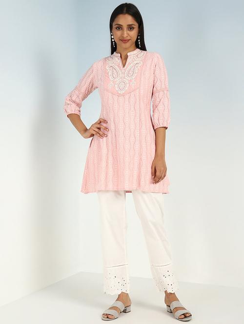 women solid with work embroidered schiffli a-line kurti - 21451561 - Very Small Image - 1