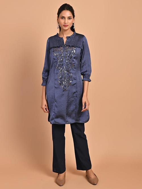 women navy blue sequin work straight kurta - 21451571 - Very Small Image - 1