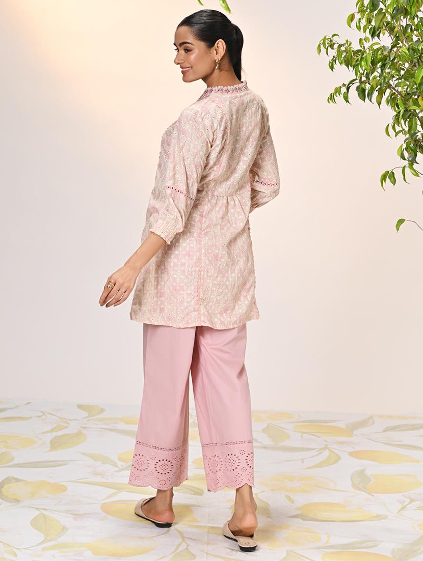 women solid with work embroidered schiffli a-line kurti - 21451611 - Zoom Image - 2