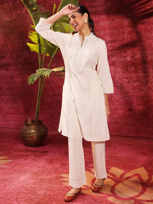 women cream self design kurta pant set - 21451736 - Very Small Image - 1