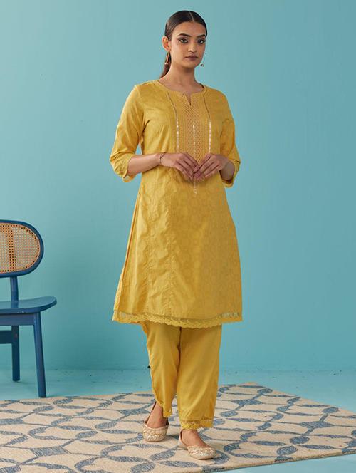 women yellow three quarter sleeve kurta pant set - 21451769 - Very Small Image - 1