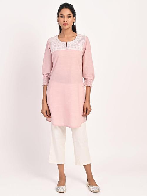 pink placement embroidered cotton kurta - 21451943 - Very Small Image - 1