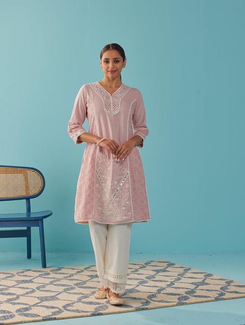 women solid with work three quarter sleeve schiffli a-line kurta - 21452098 - Very Small Image - 1