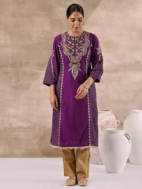 women purple cotton straight kurta - 21452229 - Very Small Image - 1