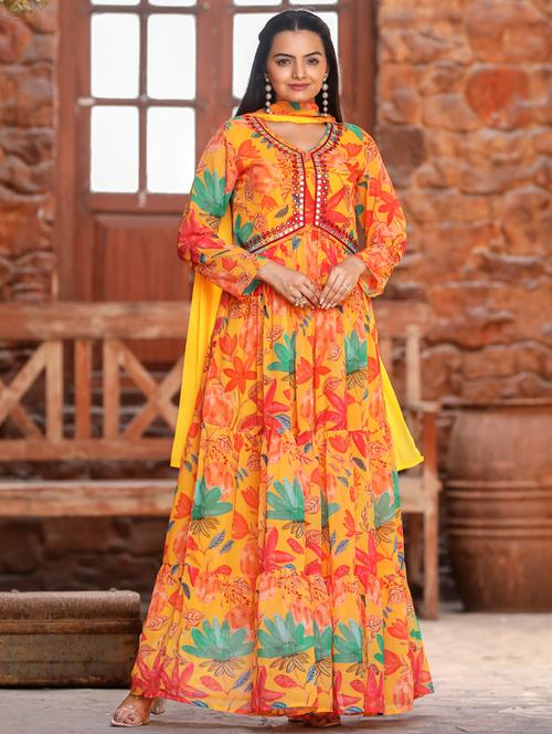 yellow printed anarkali gown - 21454569 - Very Small Image - 1