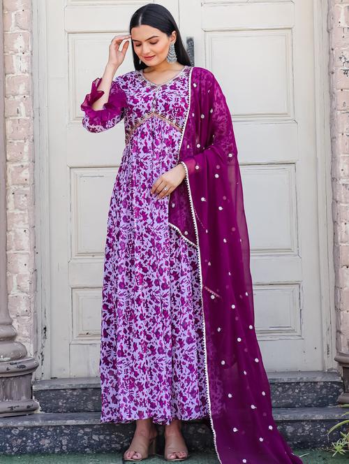 purple printed flared gown - 21454596 - Very Small Image - 1
