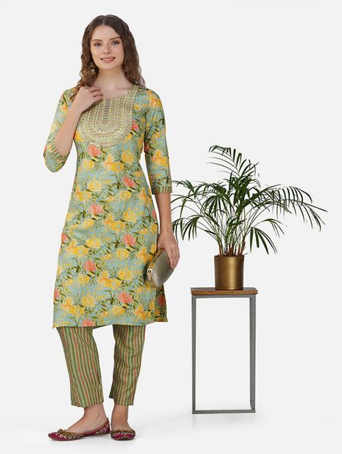 women neo mint floral printed kurta pant set - 21454693 - Very Small Image - 1