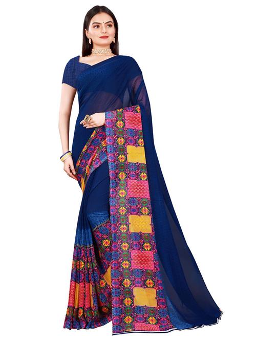 women navy blue printed saree with blouse - 21455115 - Very Small Image - 1