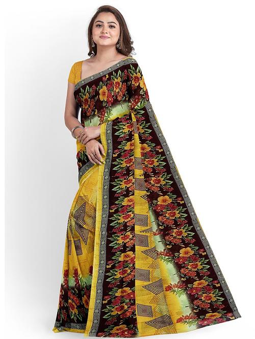 women yellow printed georgette saree with blouse - 21456687 - Very Small Image - 1