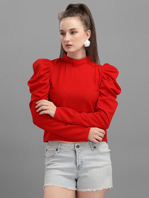 women solid puff sleeves crop top - 21457355 - Very Small Image - 1