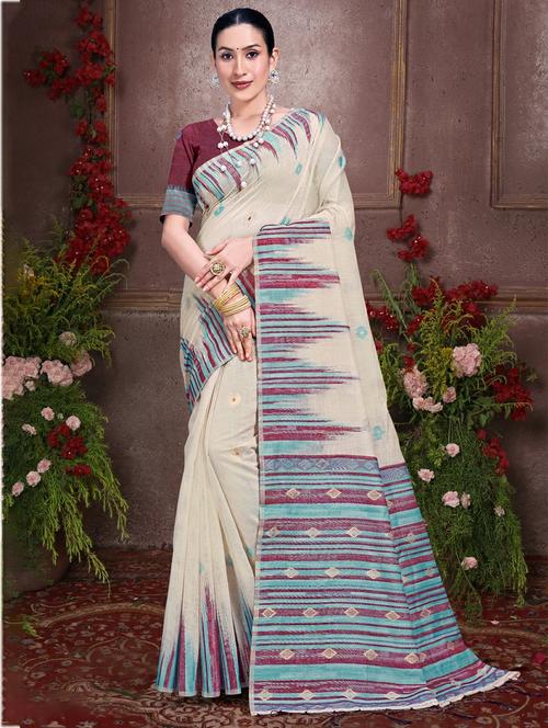 self design contrast border tussar saree with blouse - 21457592 - Very Small Image - 1