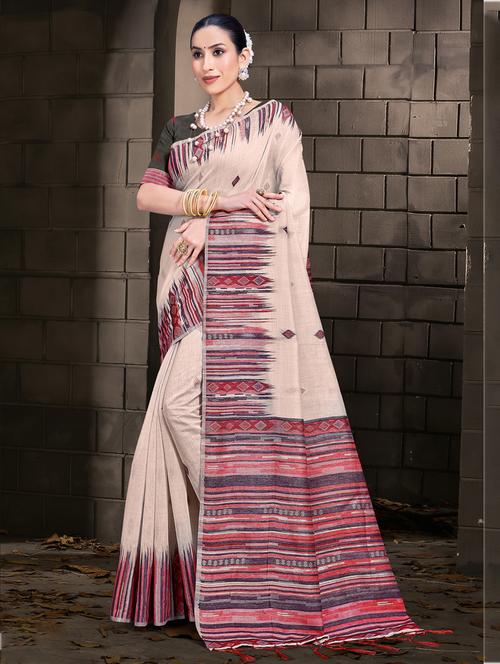 self design contrast border tussar saree with blouse - 21457610 - Very Small Image - 1