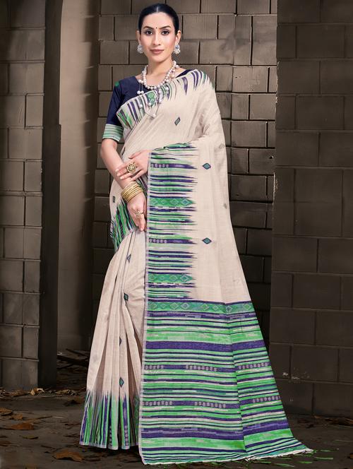 self design contrast border tussar saree with blouse - 21457611 - Very Small Image - 1