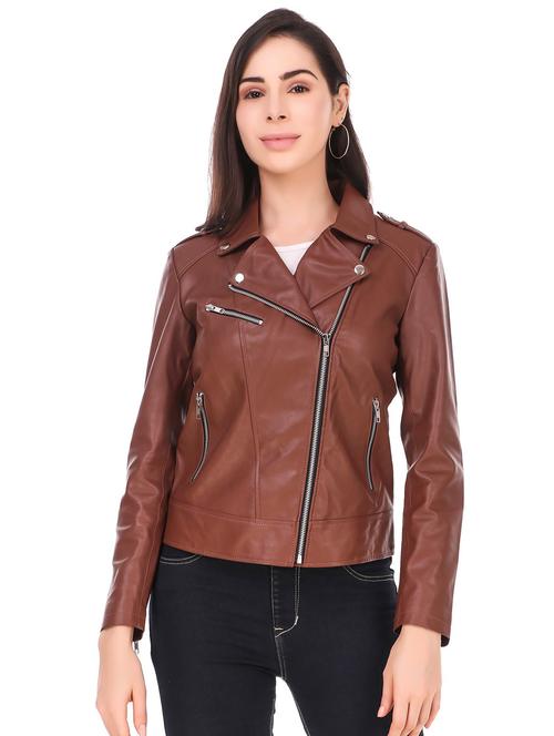 women solid long sleeved leather jacket - 21458681 - Very Small Image - 1
