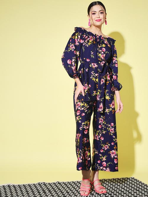 navy blue printed full leg jumpsuit - 21458710 - Very Small Image - 1