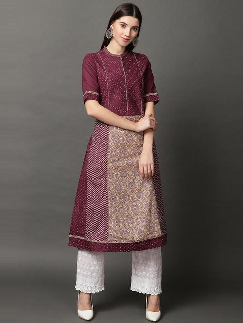 women maroon cotton a-line kurta - 21458720 - Very Small Image - 1