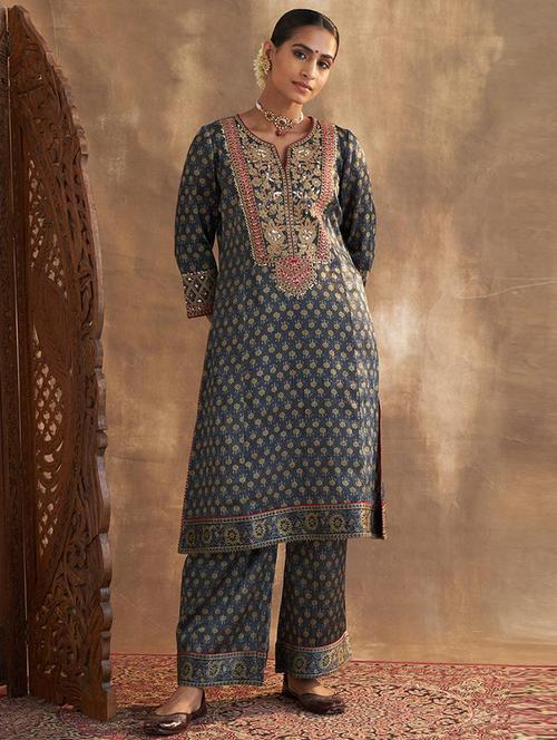 women grey floral printed kurta palazzo set - 21458963 - Very Small Image - 1