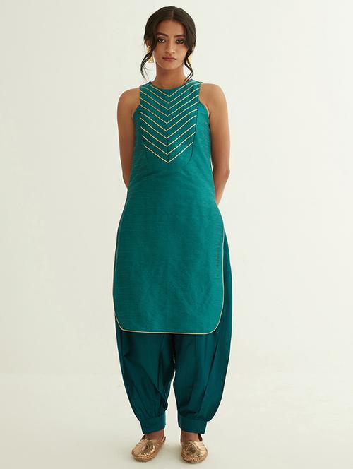 teal solid with work straight kurta - 21459282 - Very Small Image - 1