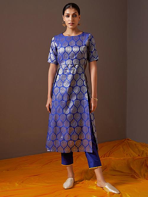 women blue self design front slit kurta - 21459328 - Very Small Image - 1