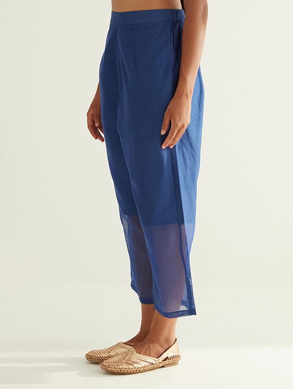 women blue cotton blend wide leg trouser - 21459935 - Standard Image - 2