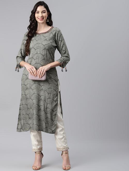 women grey three quarter sleeve straight kurta - 21461640 - Very Small Image - 1
