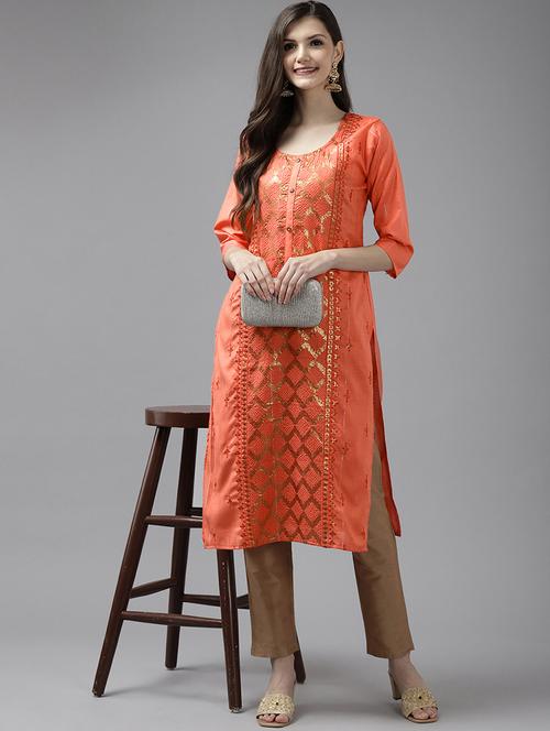 women orange cotton straight kurta - 21461691 - Very Small Image - 1