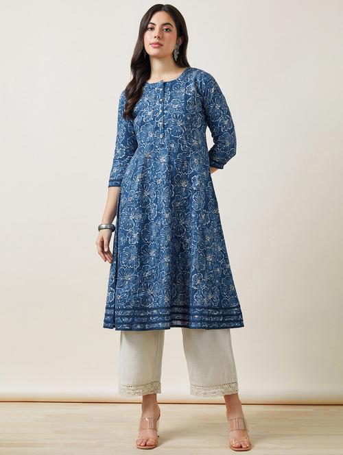 women blue cotton a-line kurta - 21461947 - Very Small Image - 1