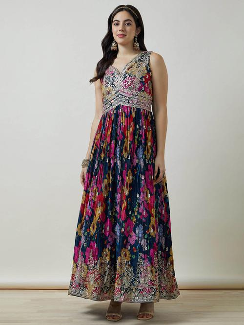 women teal blue empire line ethnic dress - 21461959 - Very Small Image - 1