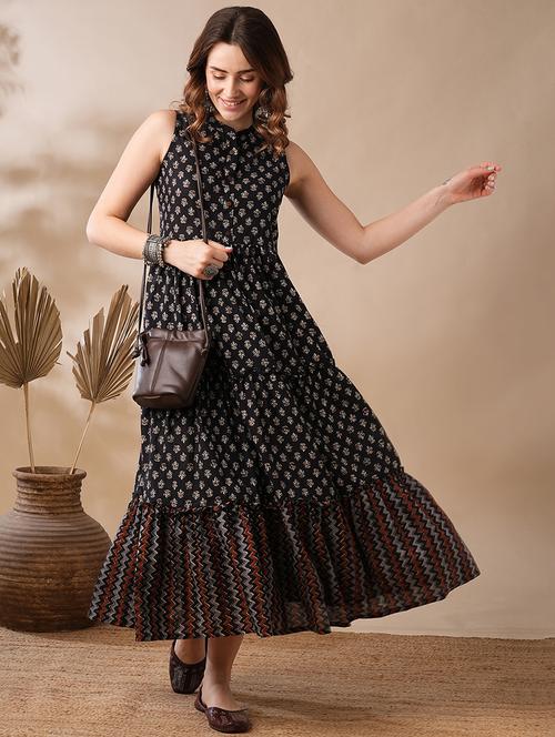 globus women black ethnic block print mandarin collar flared hem tiered maxi fusion dress - 21463082 - Very Small Image - 1