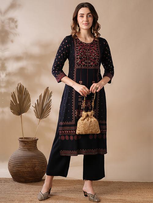 globus women black kashmiri gold foil floral print yoke straight festive kurta & elasticated pants set - 21463091 - Very Small Image - 1