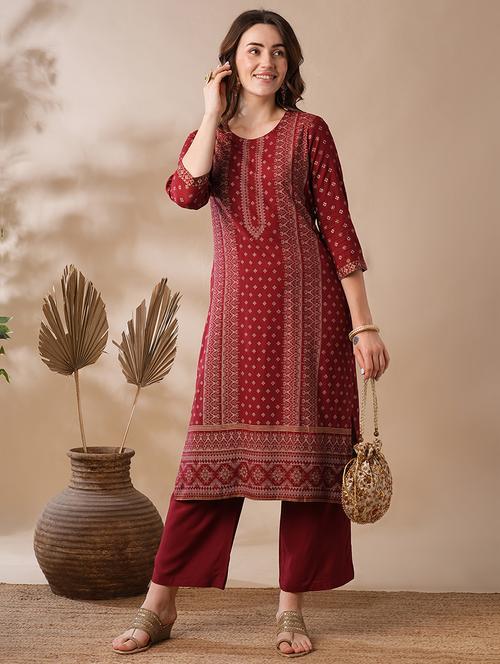 globus women maroon round neck ethnic motifs gold foil print straight workwear kurta & elasticated pants set - 21463092 - Very Small Image - 1