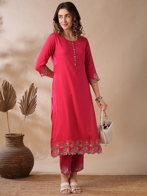 globus women pink potli button floral scalloped hem straight workwear kurta & elasticated pants set - 21463097 - Very Small Image - 1