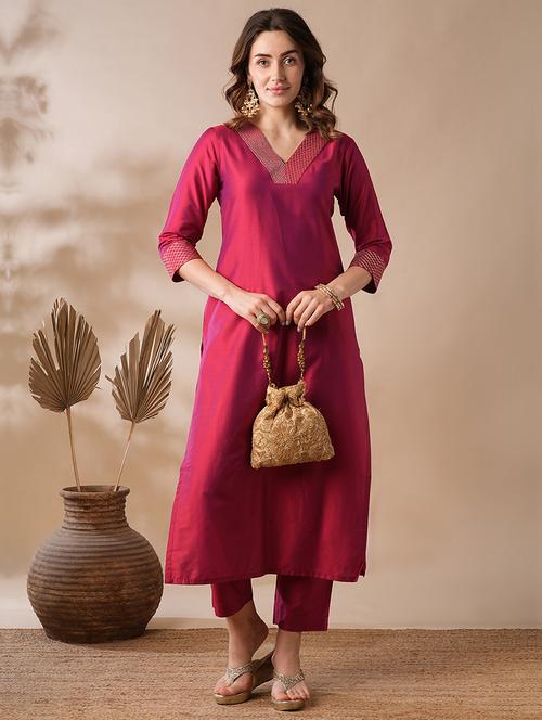globus women pink gold zari embroidered v-neck straight workwear kurta & elasticated pants set - 21463103 - Very Small Image - 1