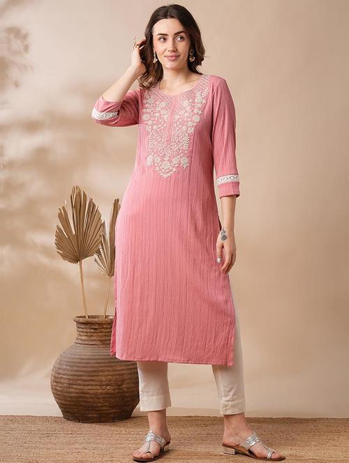 globus women pink sequinned & floral embroidered yoke structured fabric straight workwear kurta - 21463106 - Very Small Image - 1