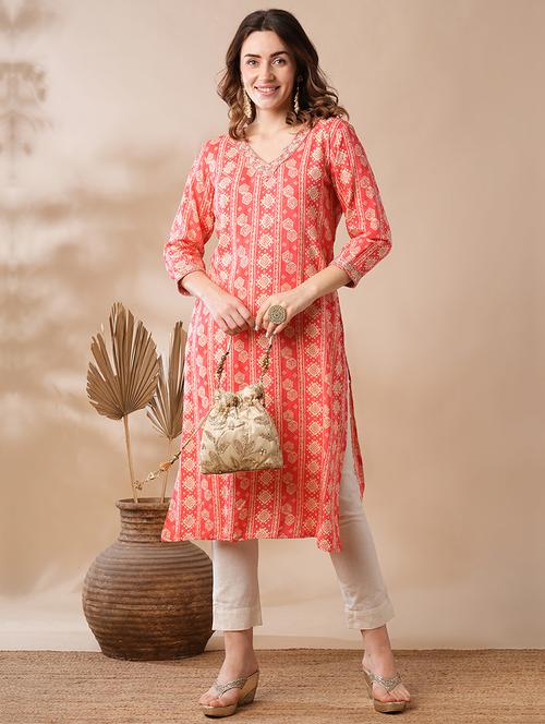 globus women coral gotta patti v-neck gold foil block floral printed straight workwear kurta - 21463107 - Very Small Image - 1