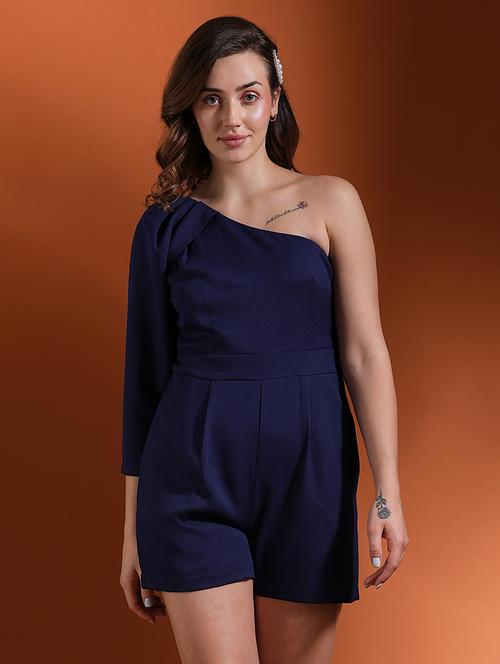 globus women navy blue one shoulder puff sleeves mini party jumpsuit - 21463133 - Very Small Image - 1