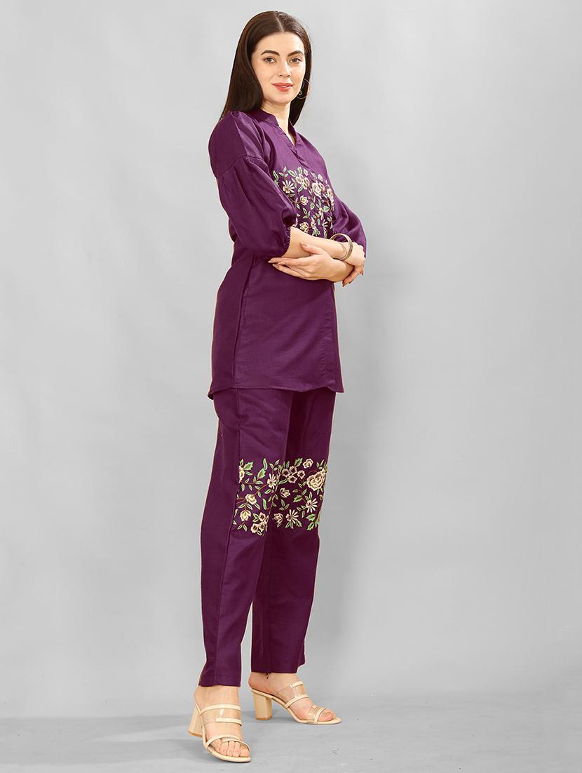 women burgundy embroidered co-ord set - 21463352 - Standard Image - 2