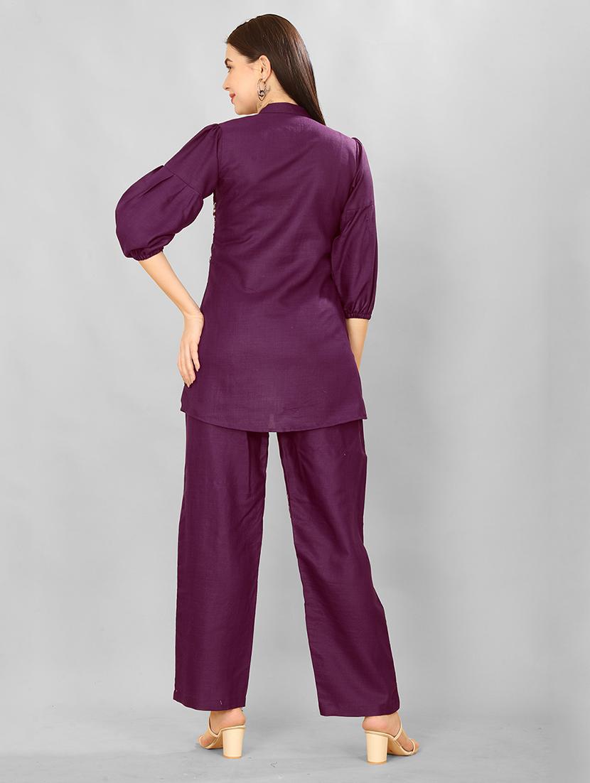 women burgundy embroidered co-ord set - 21463352 - Standard Image - 3