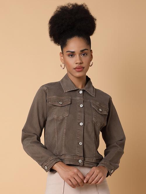 women brown long sleeves denim jacket - 21463470 - Very Small Image - 1
