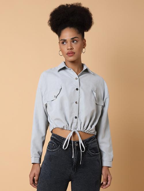 women solid long sleeves crop shirt - 21463513 - Very Small Image - 1