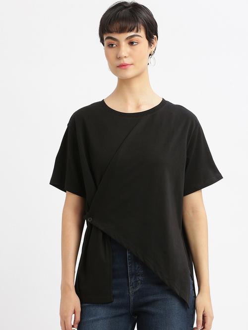women solid short sleeves asymmetric top - 21463791 - Very Small Image - 1