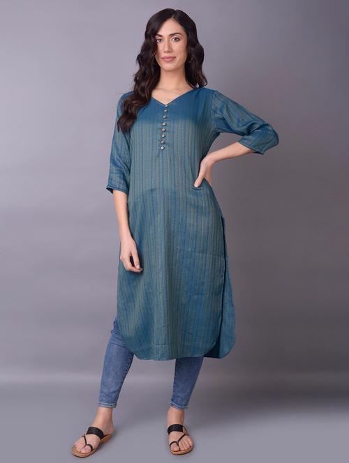 women teal stripes printed straight kurta - 21468072 - Very Small Image - 1