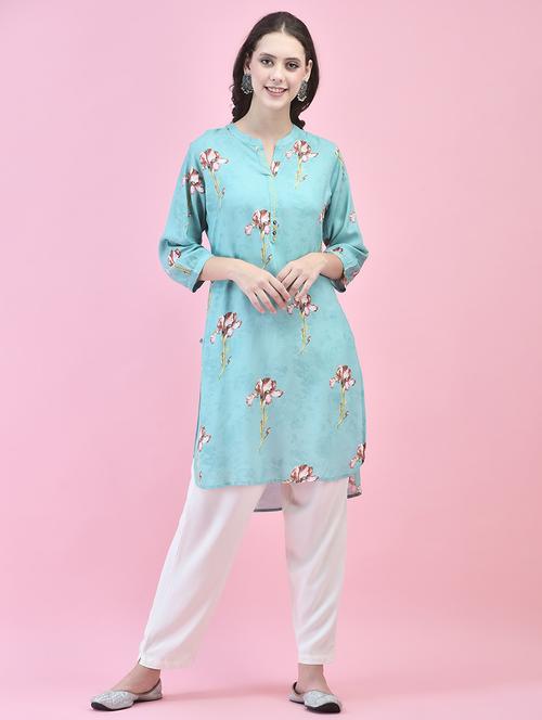 women light blue floral printed high-low kurta - 21473602 - Very Small Image - 1