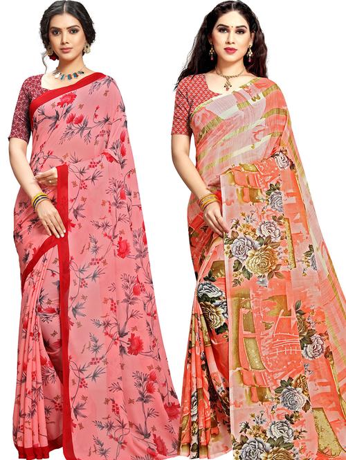 pack of 2 printed casual wear combo saree with blouse - 21474636 - Very Small Image - 1