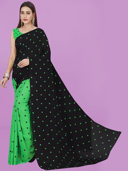 women green polka dots printed georgette saree with blouse - 21480561 - Very Small Image - 1