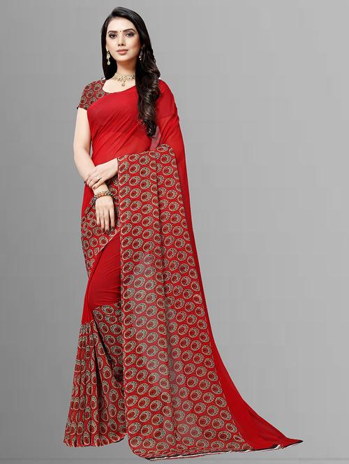 women red printed georgette saree with blouse - 21480562 - Very Small Image - 1