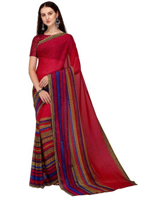 women red stripes printed saree with blouse - 21480574 - Very Small Image - 1