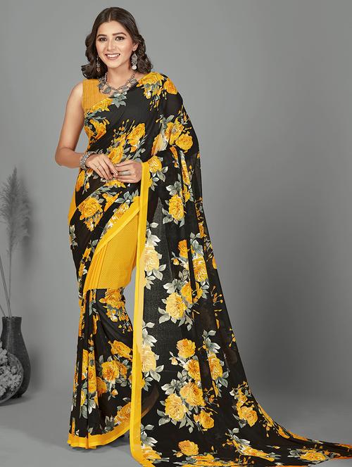 women black floral printed saree with blouse - 21480576 - Very Small Image - 1