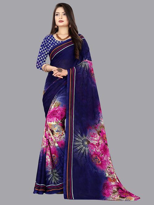 women navy blue printed saree with blouse - 21480754 - Very Small Image - 1