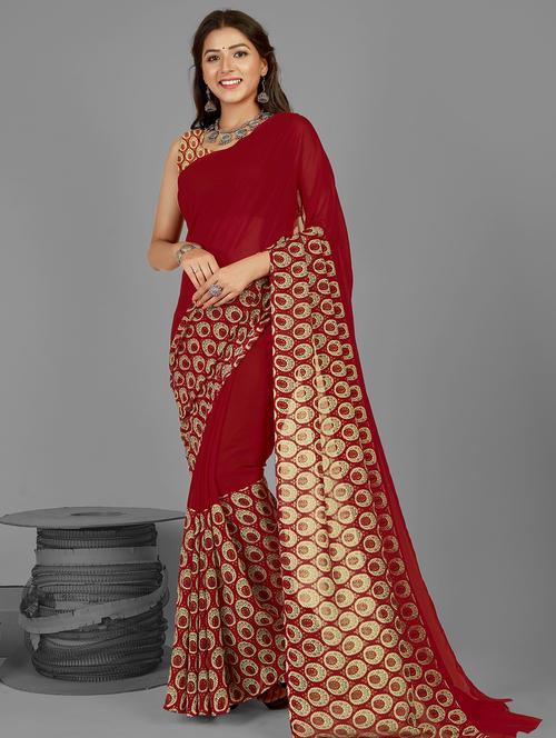 women maroon printed saree with blouse - 21480827 - Very Small Image - 1